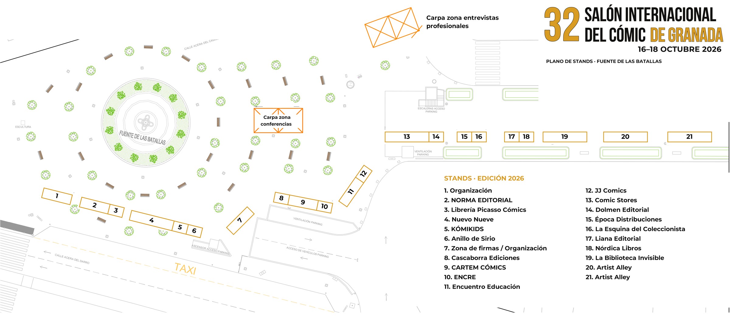 Mapa de los 21 stands y de las carpas de entrevistas profesionales y conferencias del 32.º Salón Internacional del Cómic de Granada, en la Fuente de las Batallas, del 16 al 18 de octubre de 2026.