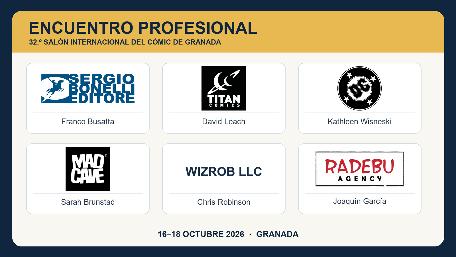 Encuentro Profesional 2026: participantes y logotipos de Sergio Bonelli Editore, Titan Comics, DC Comics, Mad Cave Studios y Radebu Agency; WizRob LLC figura por nombre.